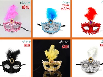 Mặt nạ nửa mặt lông vũ đính giữa ren sóng viên ngọc [Nửa mặt trên - nhiều màu] MATNA-122